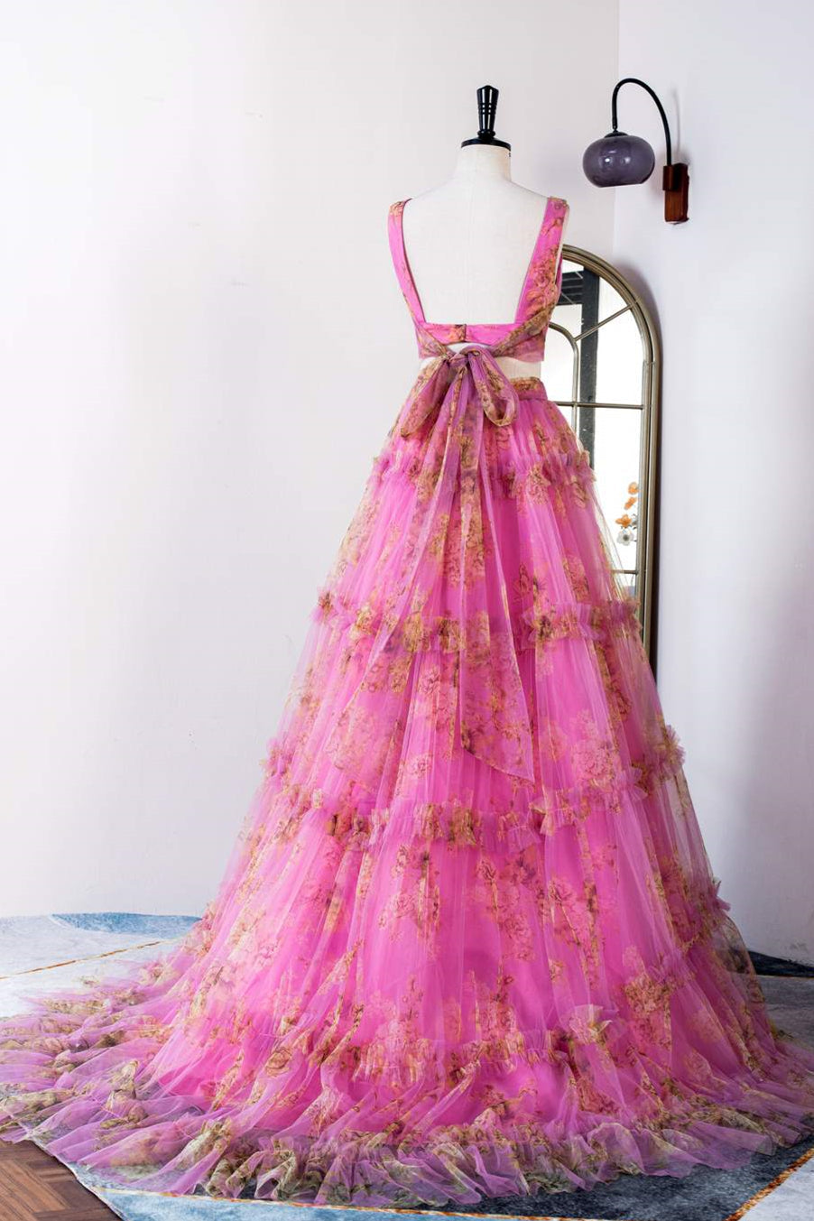 V-Neck Pink Two-Piece Ruffled Floral Tulle Long Prom Dress