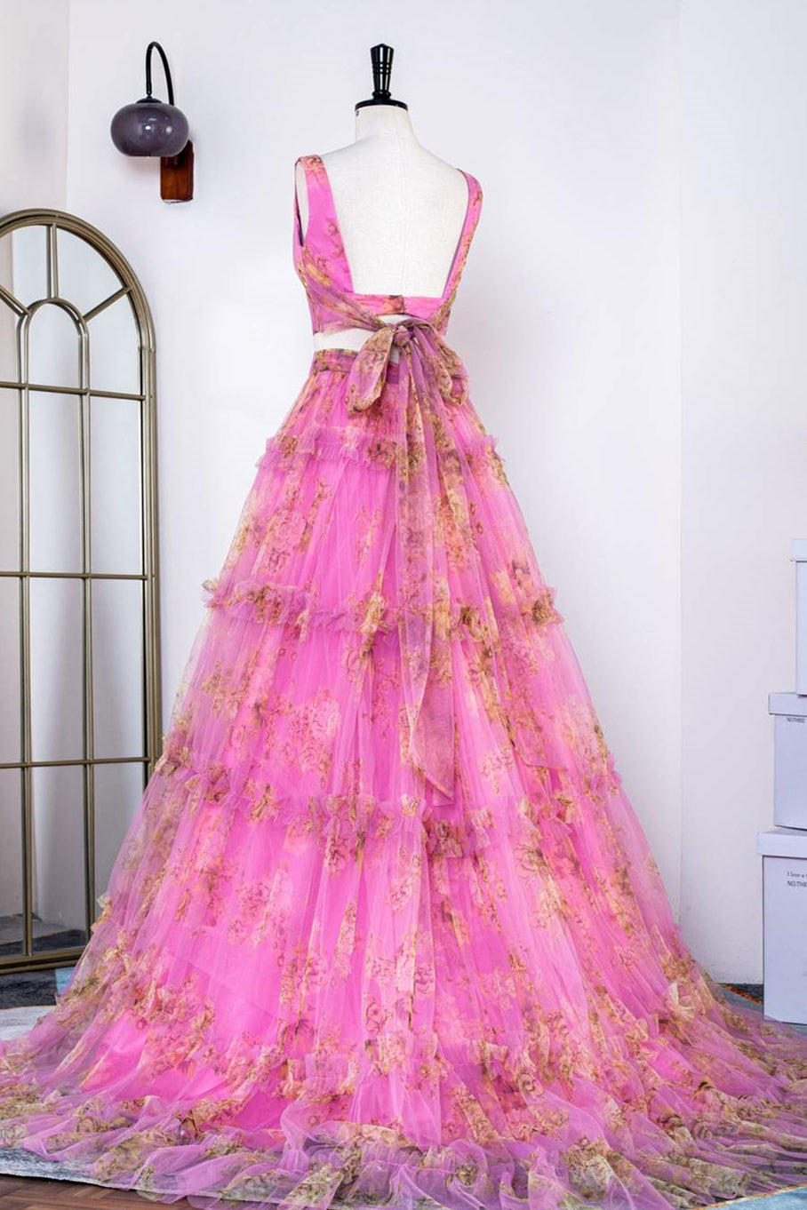 V-Neck Pink Two-Piece Ruffled Floral Tulle Long Prom Dress