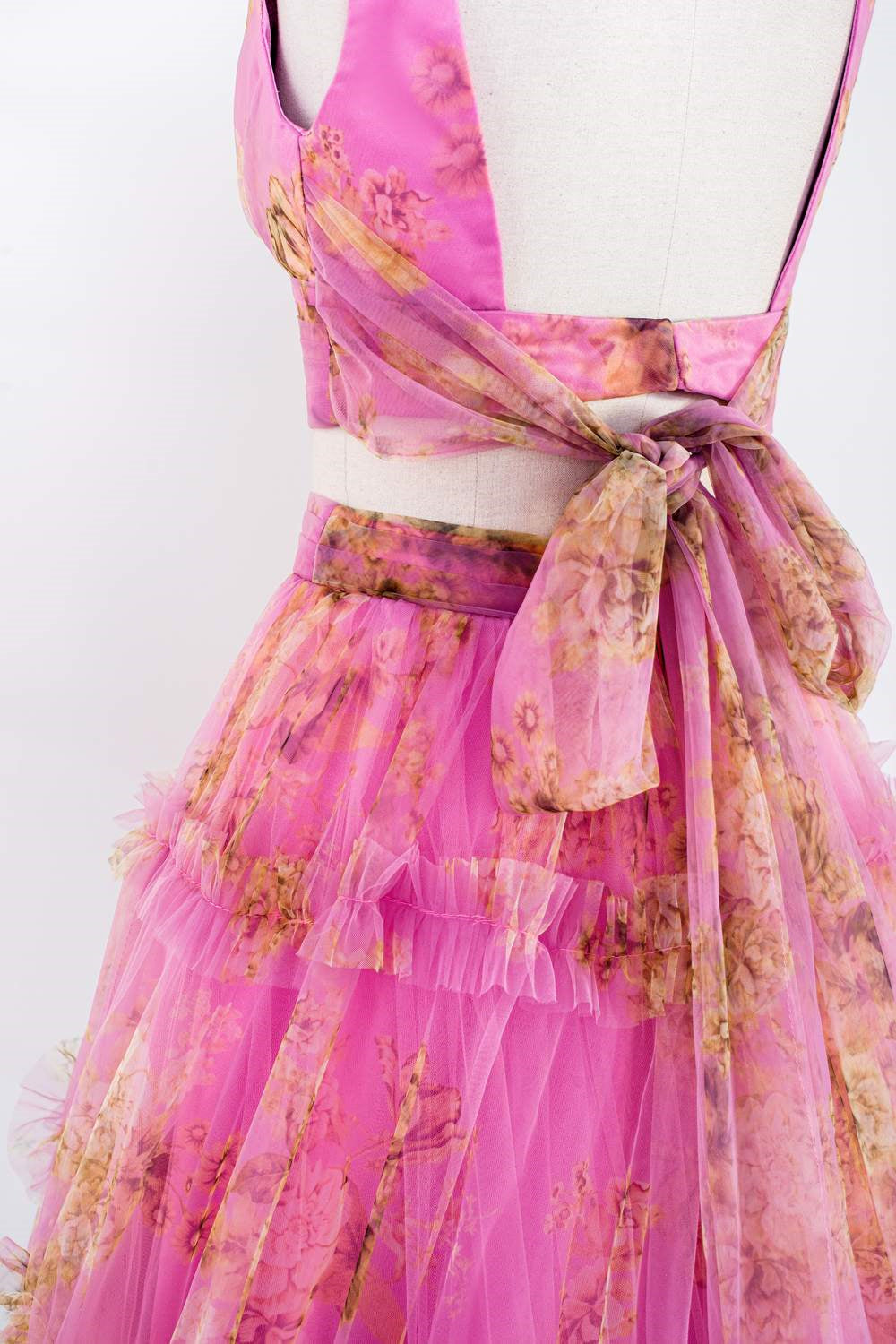 V-Neck Pink Two-Piece Ruffled Floral Tulle Long Prom Dress