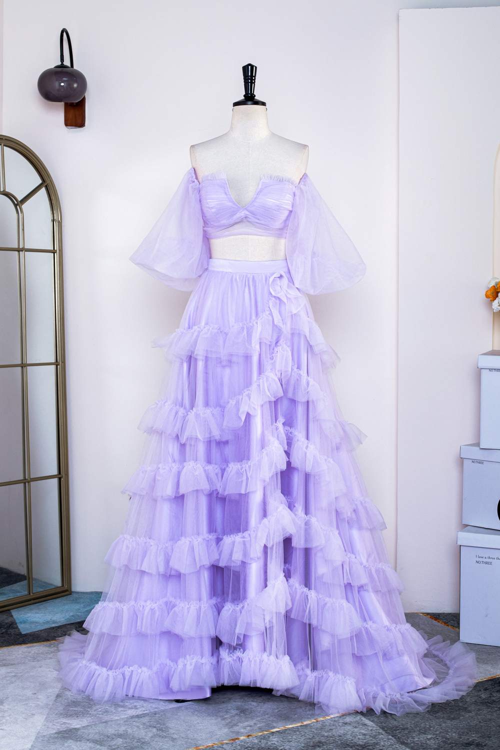 Off-Shoulder Two-Piece Lavender Puff Sleeves Slit Long Prom Dress