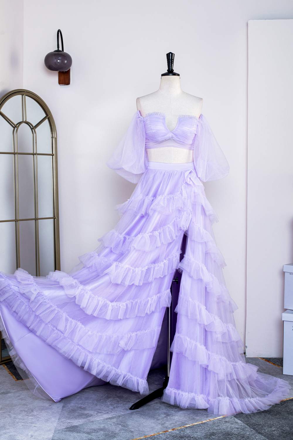 Off-Shoulder Two-Piece Lavender Puff Sleeves Slit Long Prom Dress