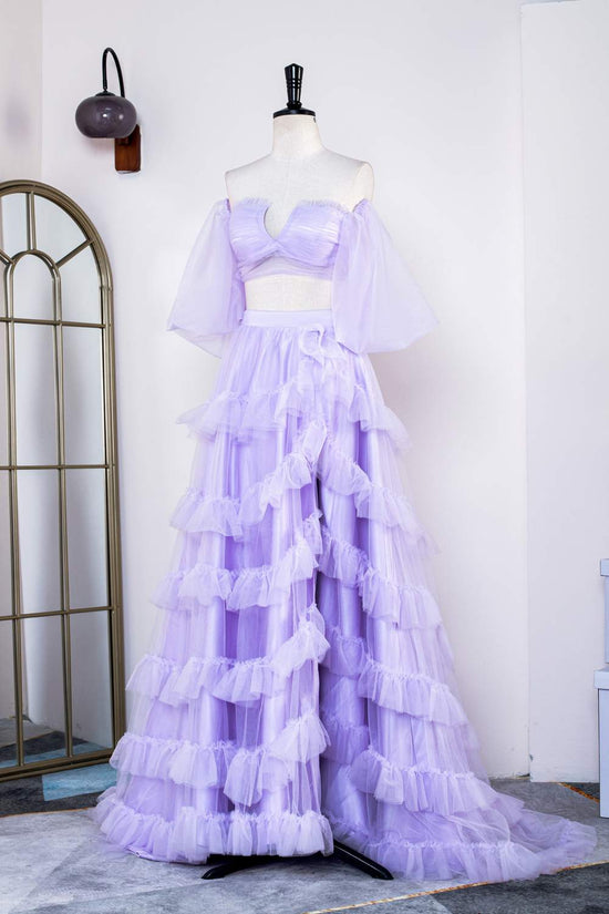 Off-Shoulder Two-Piece Lavender Puff Sleeves Slit Long Prom Dress