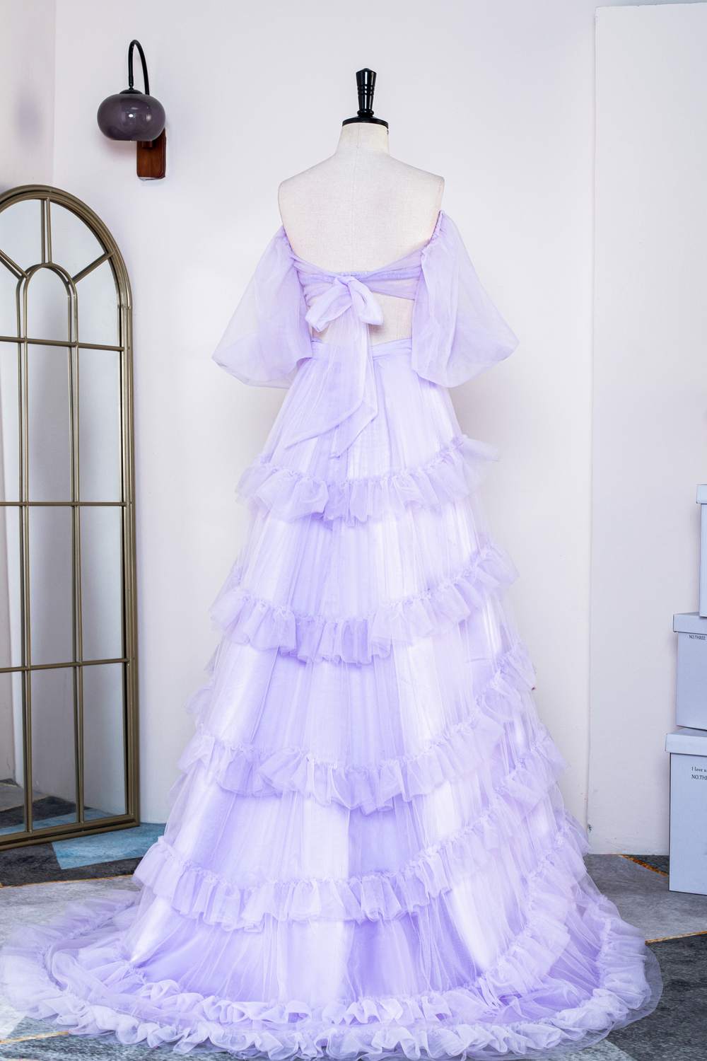 Off-Shoulder Two-Piece Lavender Puff Sleeves Slit Long Prom Dress