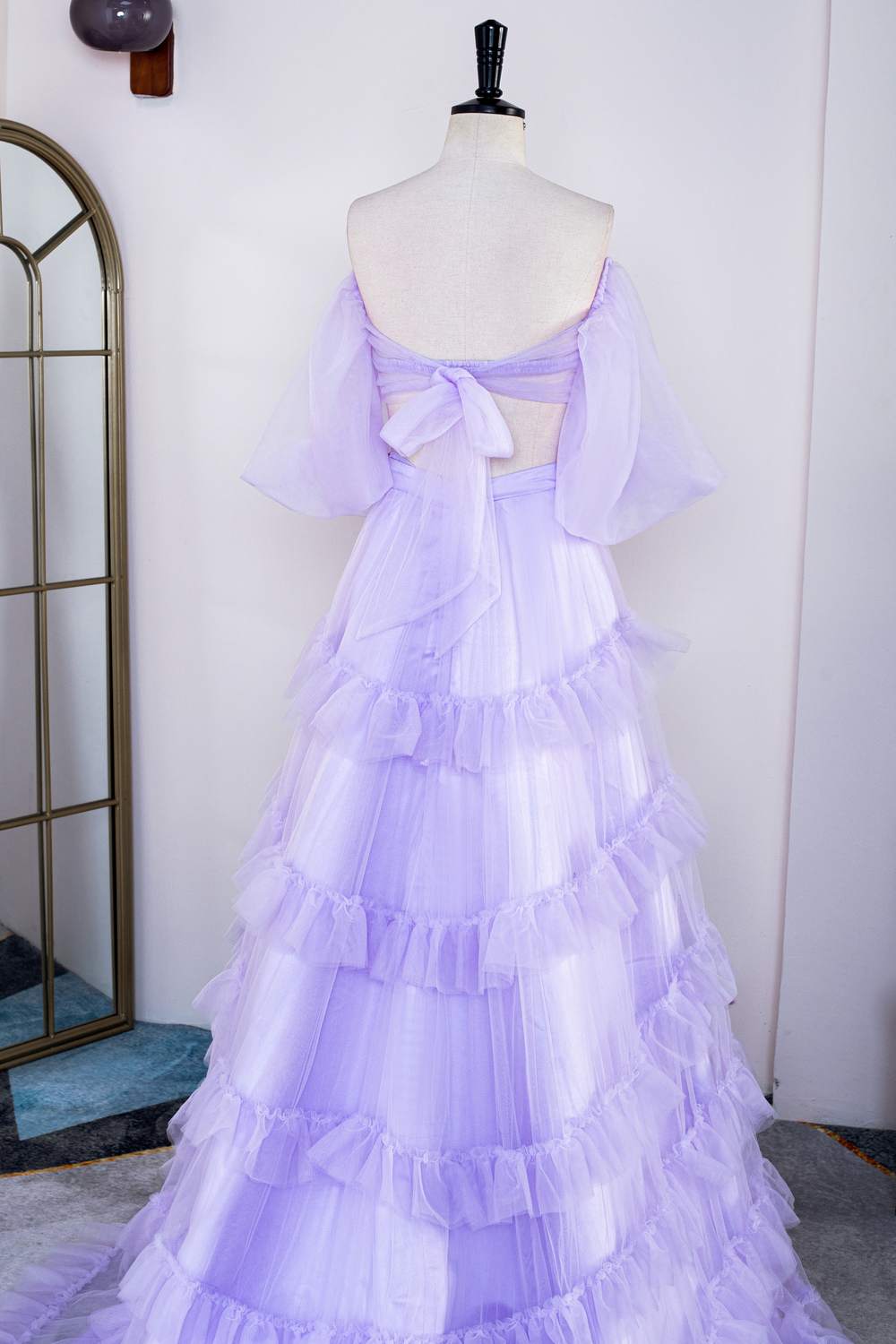 Off-Shoulder Two-Piece Lavender Puff Sleeves Slit Long Prom Dress