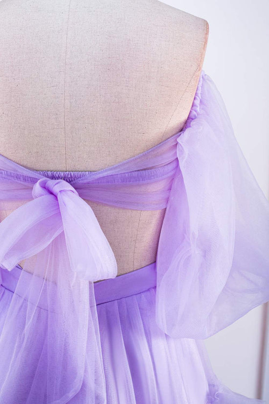 Off-Shoulder Two-Piece Lavender Puff Sleeves Slit Long Prom Dress