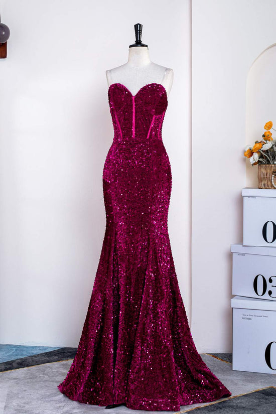 Strapless Sequins Fuchsia Mermaid Long Prom Dress