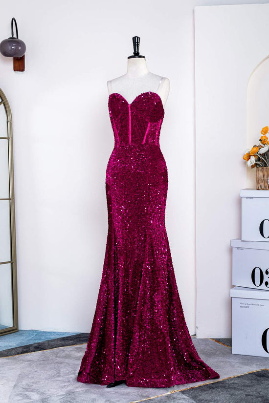 Strapless Sequins Fuchsia Mermaid Long Prom Dress