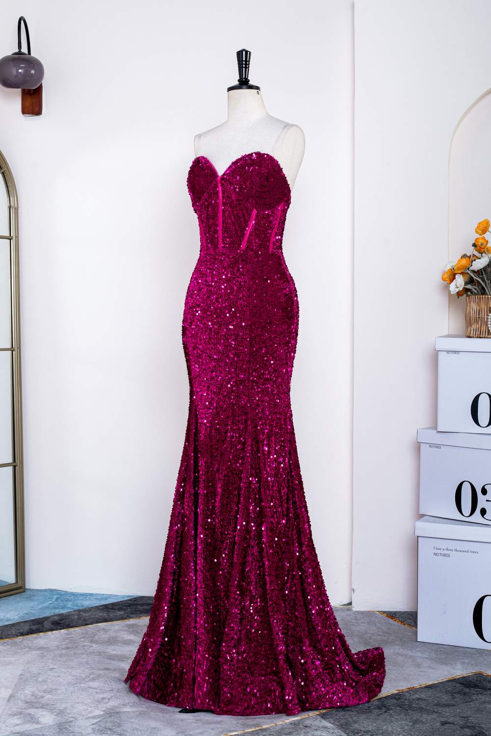 Strapless Sequins Fuchsia Mermaid Long Prom Dress