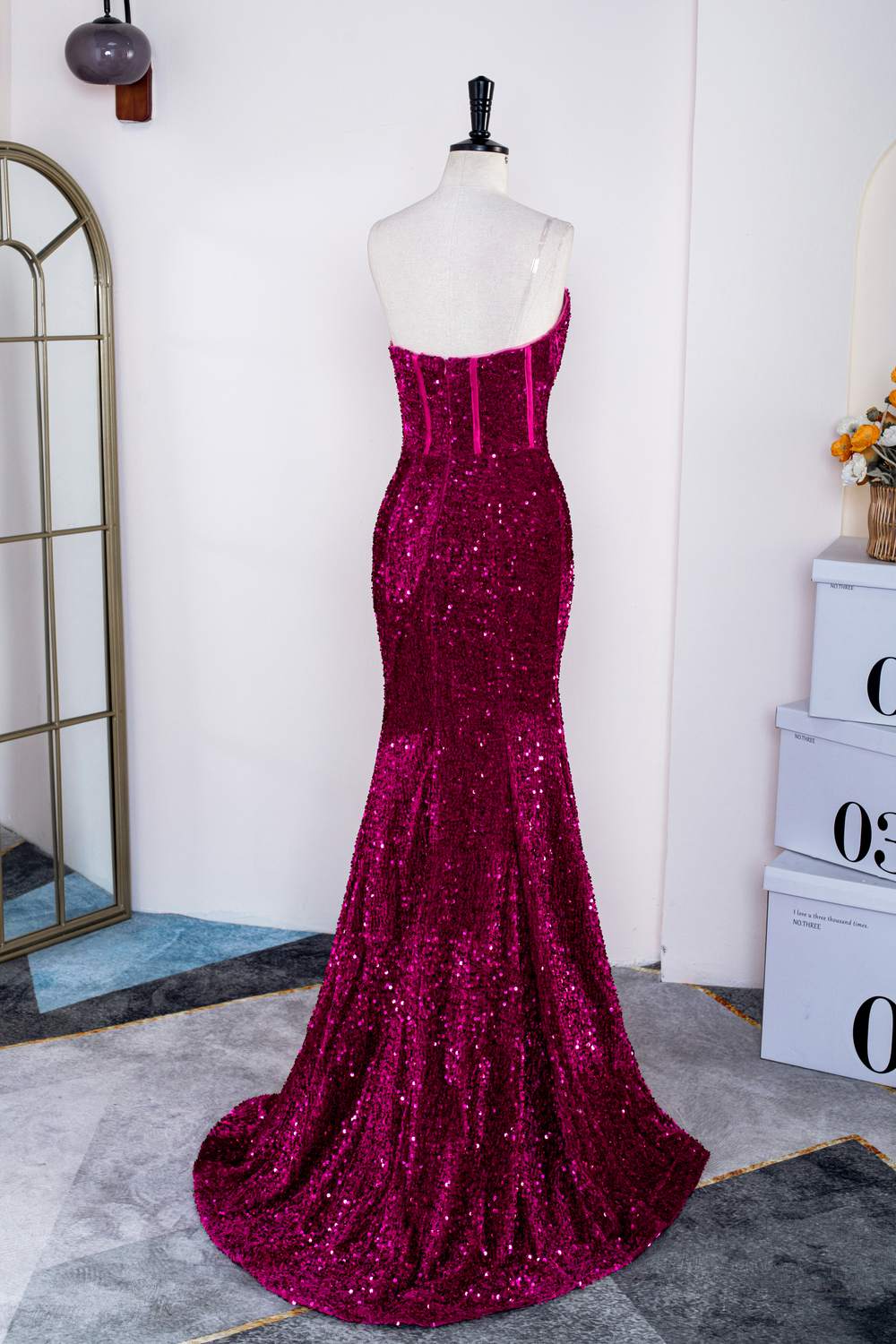 Strapless Sequins Fuchsia Mermaid Long Prom Dress