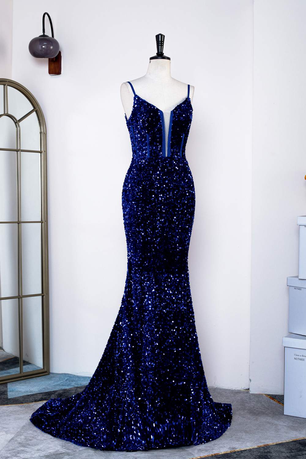 Spaghetti Straps Royal Blue Sequins Mermaid Long Prom Dress