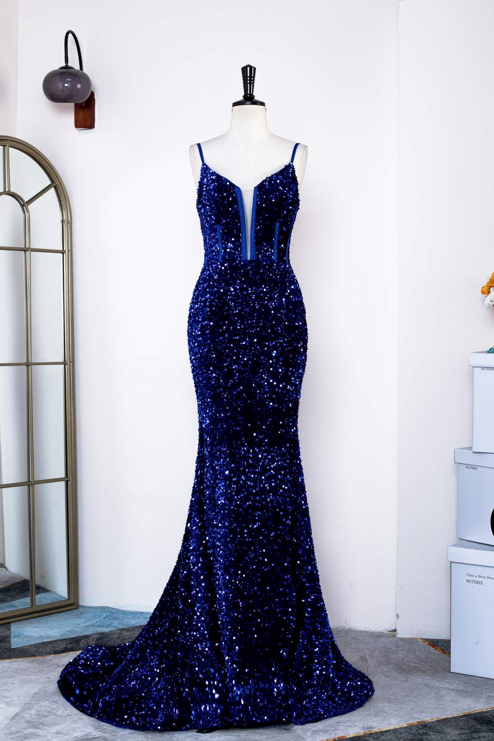 Spaghetti Straps Royal Blue Sequins Mermaid Long Prom Dress