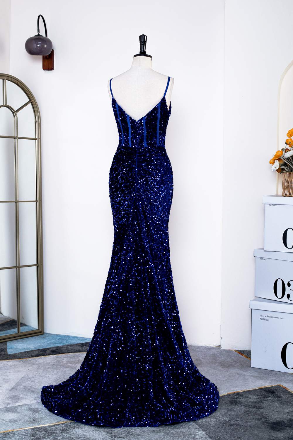 Spaghetti Straps Royal Blue Sequins Mermaid Long Prom Dress