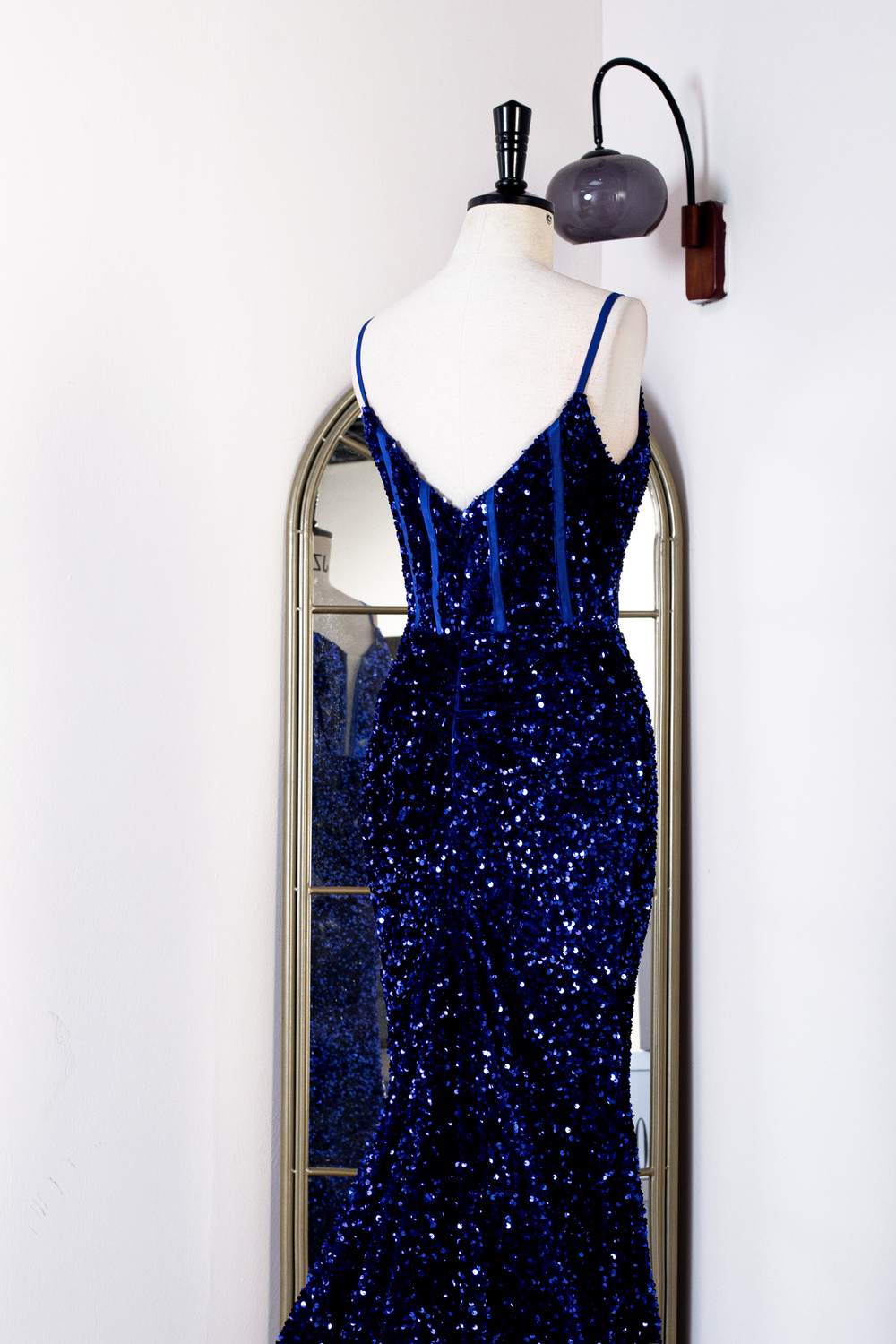 Spaghetti Straps Royal Blue Sequins Mermaid Long Prom Dress