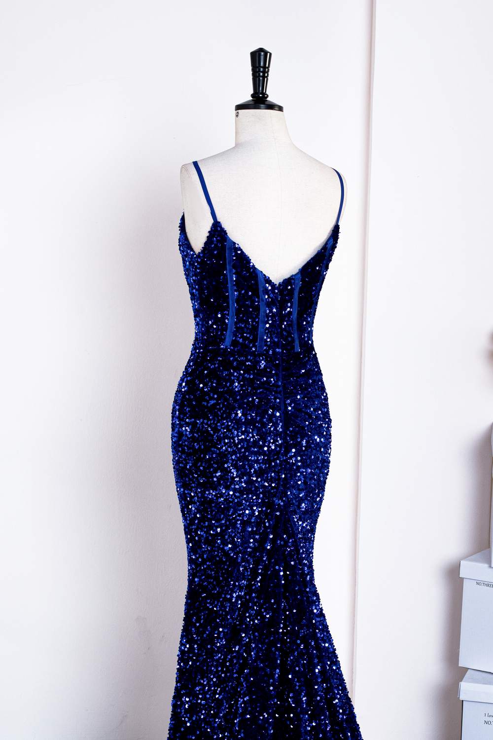 Spaghetti Straps Royal Blue Sequins Mermaid Long Prom Dress