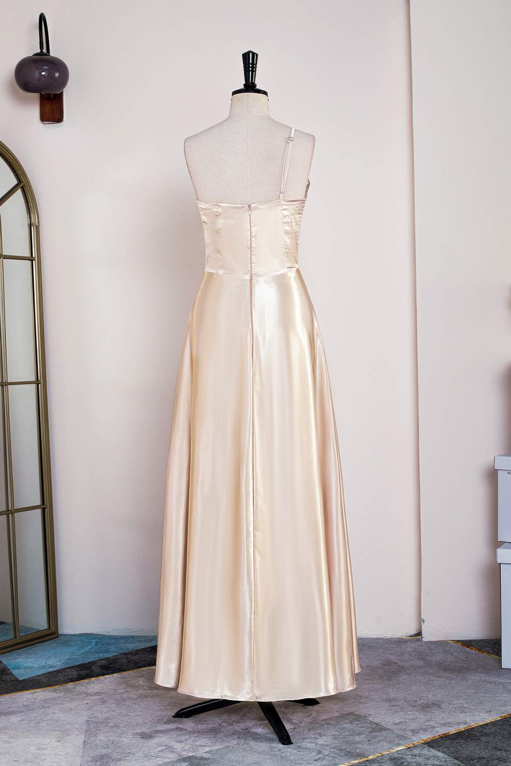 One Shoulder Champagne Satin A-line  Bridesmaid Dress