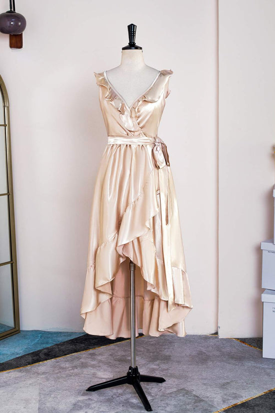 Satin Champagne V-Neck Ruffled Hi-Low Bridesmaid Dress with Belt