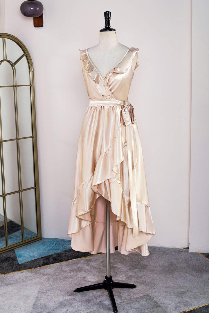 Satin Champagne V-Neck Ruffled Hi-Low Bridesmaid Dress with Belt