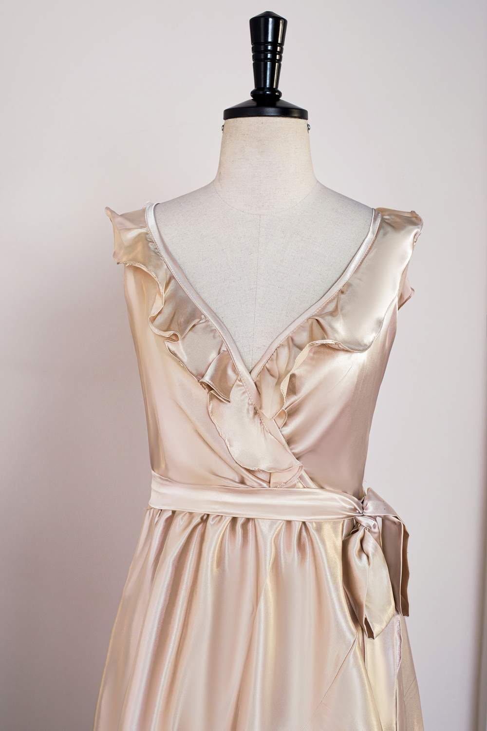 Satin Champagne V-Neck Ruffled Hi-Low Bridesmaid Dress with Belt