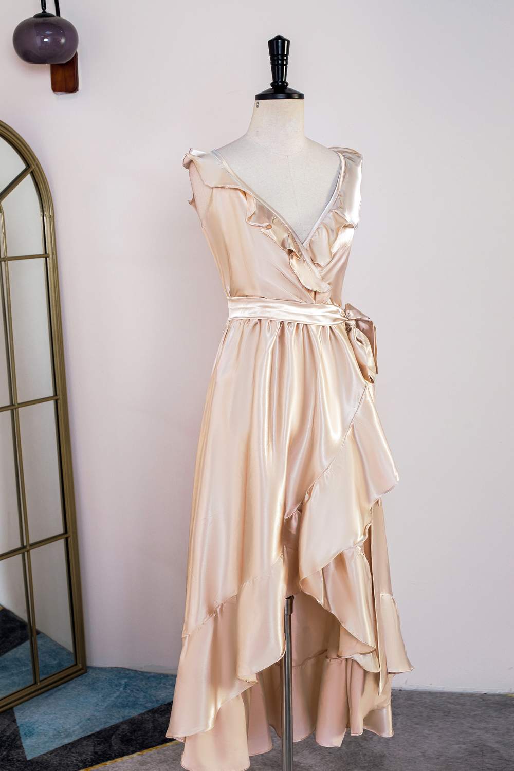 Satin Champagne V-Neck Ruffled Hi-Low Bridesmaid Dress with Belt