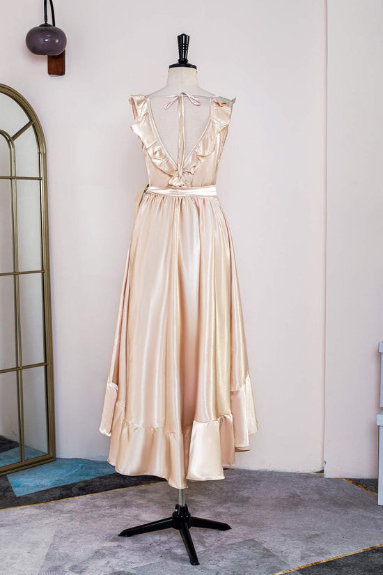 Satin Champagne V-Neck Ruffled Hi-Low Bridesmaid Dress with Belt