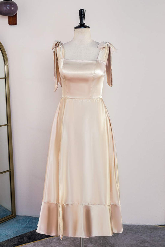 Square-Neck Satin Champagne Bow Tie Straps A-line Bridesmaid Dress