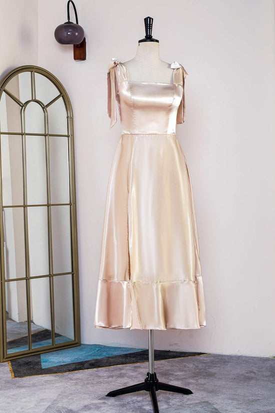 Square-Neck Satin Champagne Bow Tie Straps A-line Bridesmaid Dress