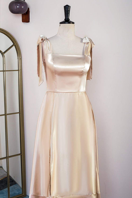 Square-Neck Satin Champagne Bow Tie Straps A-line Bridesmaid Dress