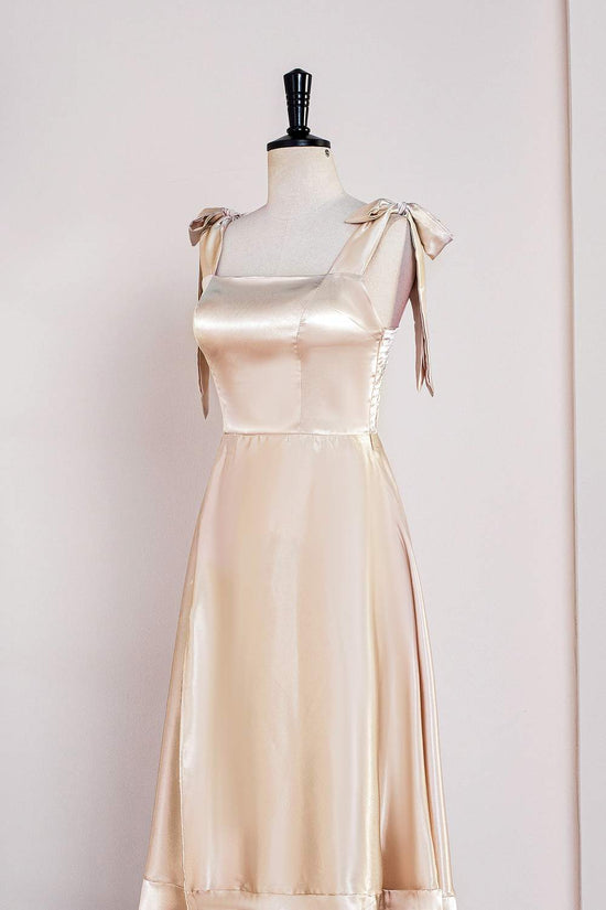 Square-Neck Satin Champagne Bow Tie Straps A-line Bridesmaid Dress