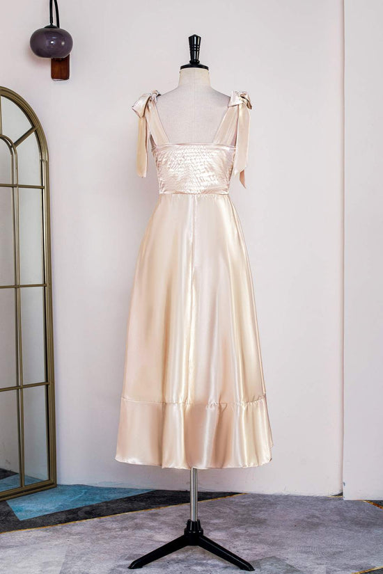 Square-Neck Satin Champagne Bow Tie Straps A-line Bridesmaid Dress