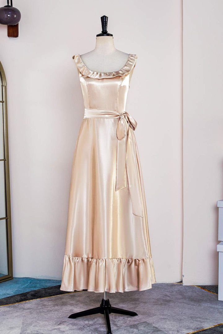 Sleeveless Satin Champagne Ruffled Bridesmaid Dress with Belt