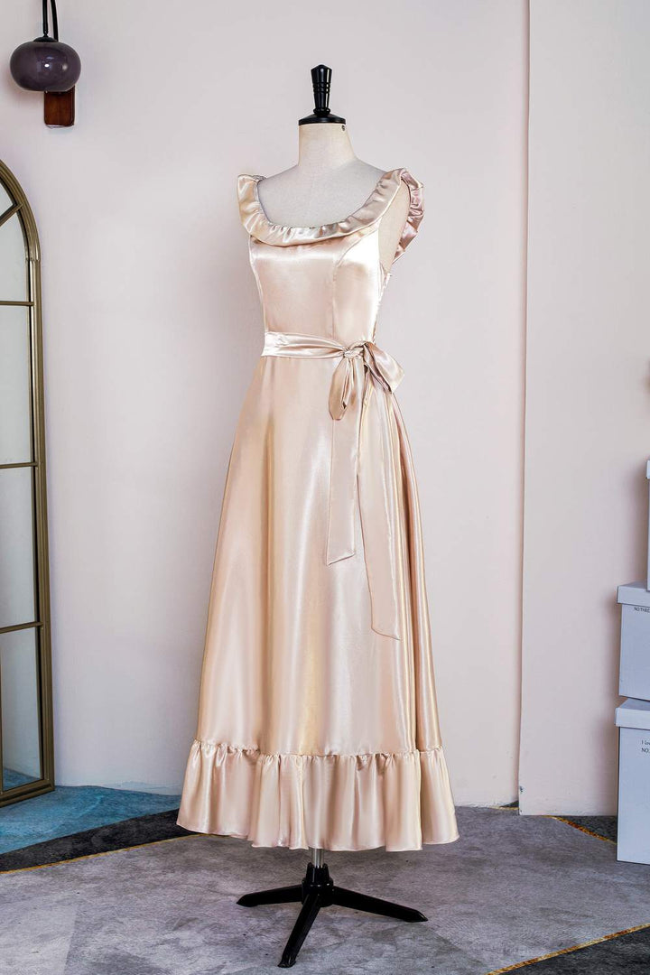 Sleeveless Satin Champagne Ruffled Bridesmaid Dress with Belt