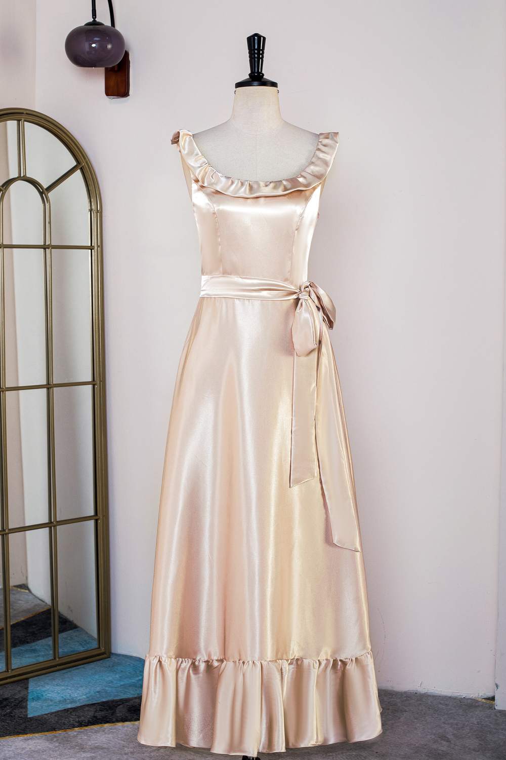 Sleeveless Satin Champagne Ruffled Bridesmaid Dress with Belt