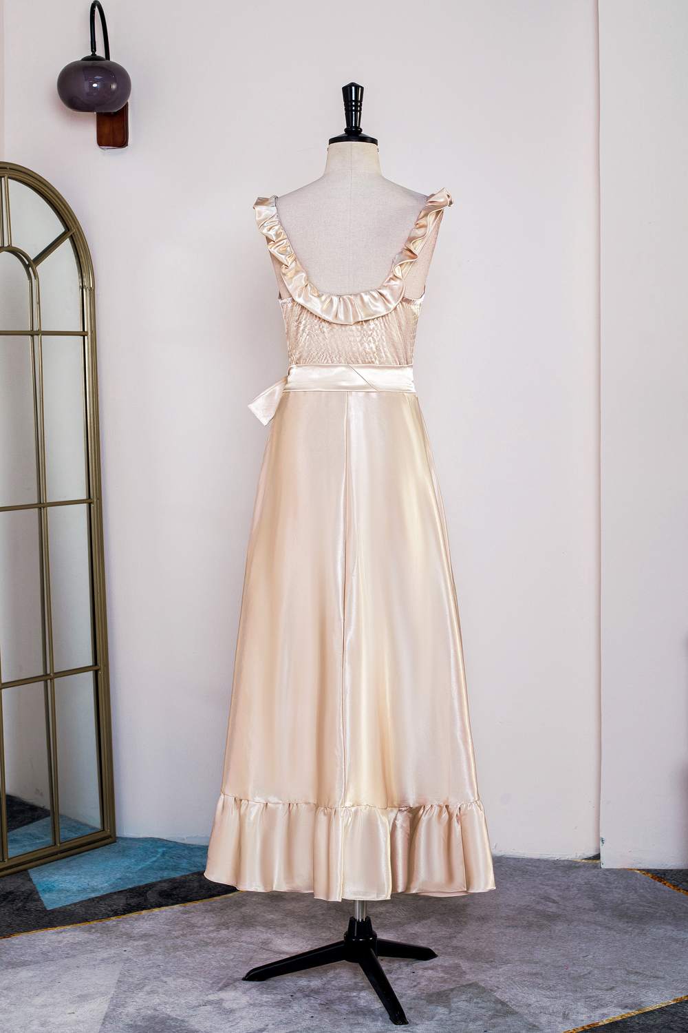 Sleeveless Satin Champagne Ruffled Bridesmaid Dress with Belt