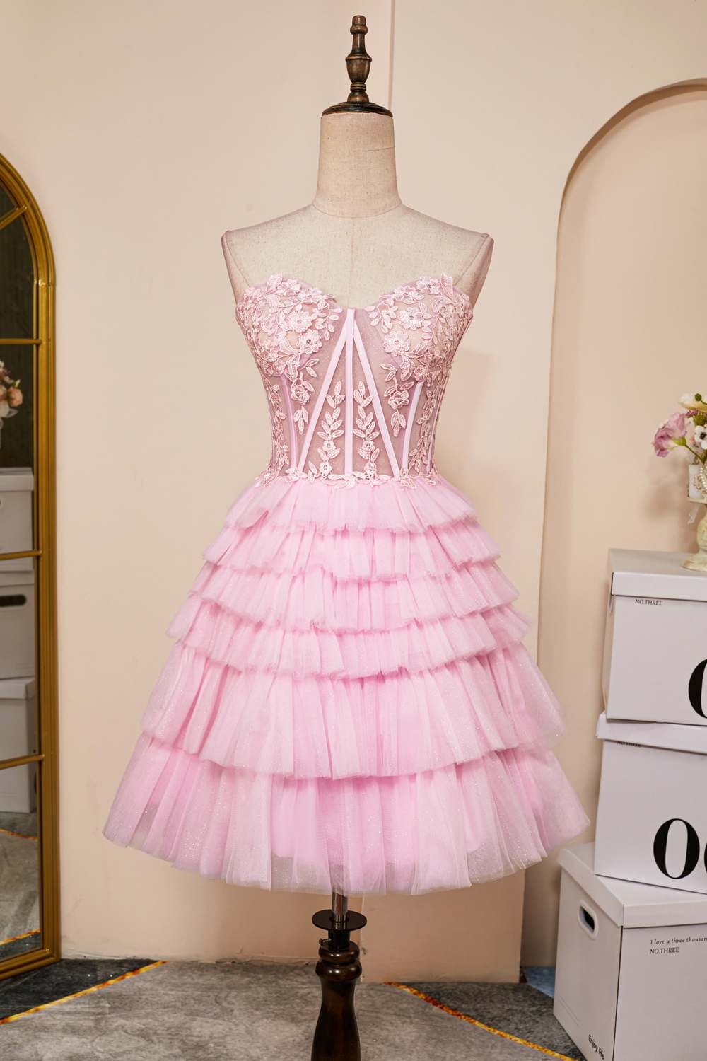 Pink Strapless Appliques A-Line Layers Homecoming Dress