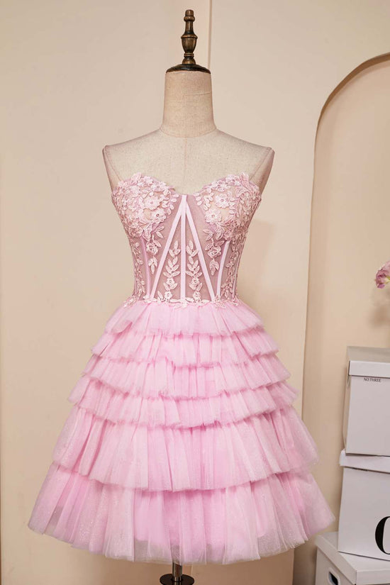 Pink Strapless Appliques A-Line Layers Homecoming Dress