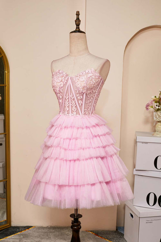 Pink Strapless Appliques A-Line Layers Homecoming Dress