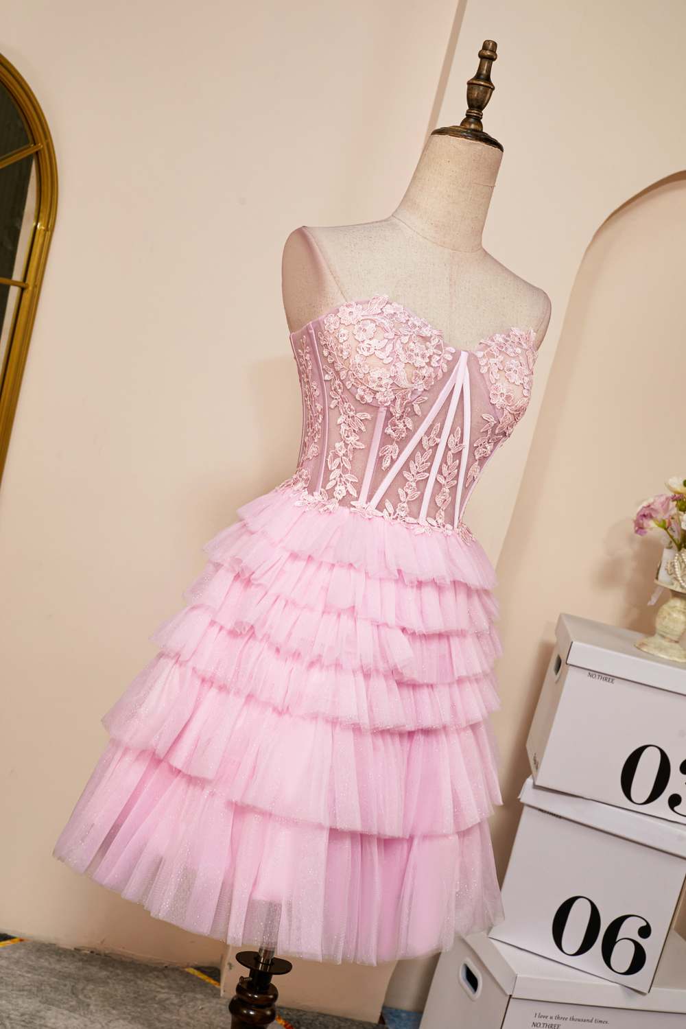 Pink Strapless Appliques A-Line Layers Homecoming Dress