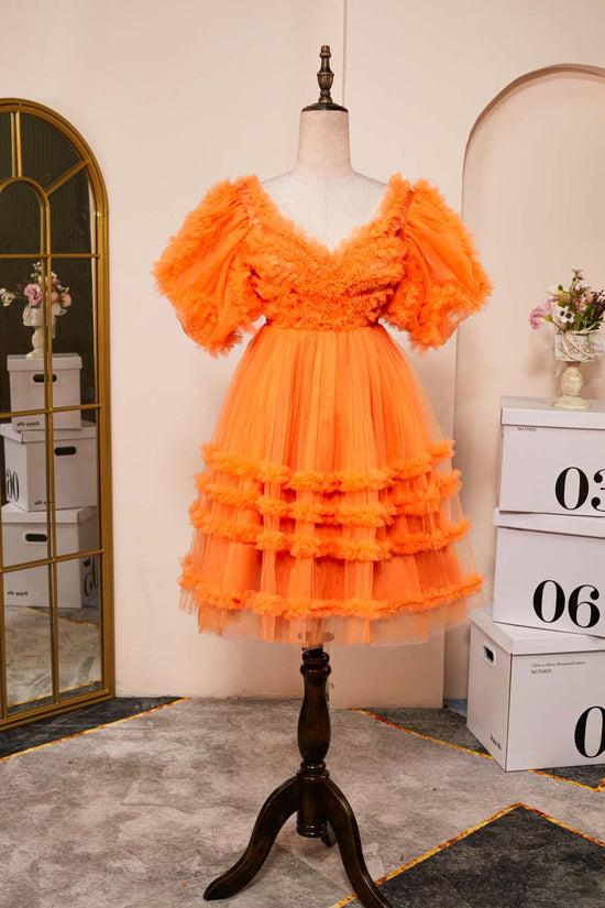 V-Neck Orange Puff Sleeves Ruffled A-line Homecoming Dress