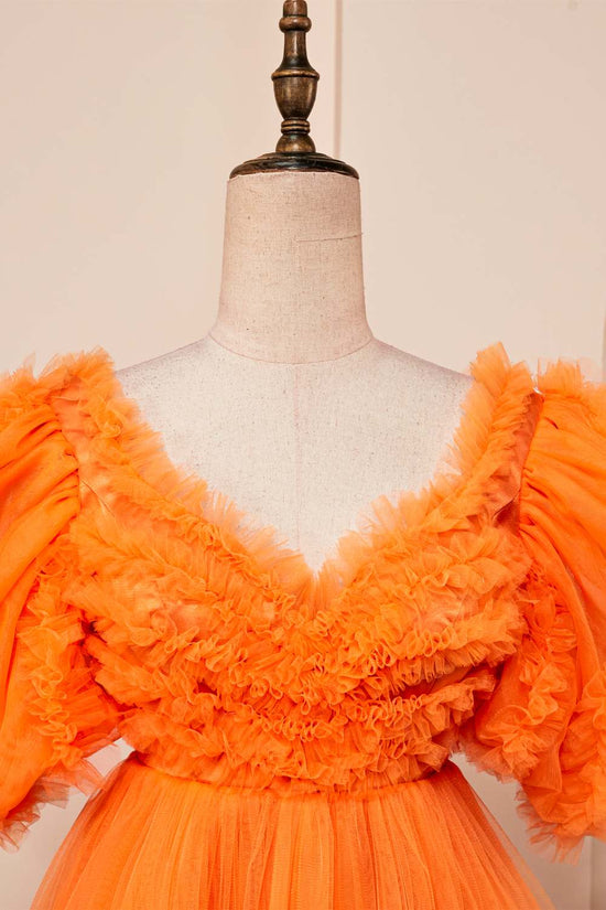 V-Neck Orange Puff Sleeves Ruffled A-line Homecoming Dress