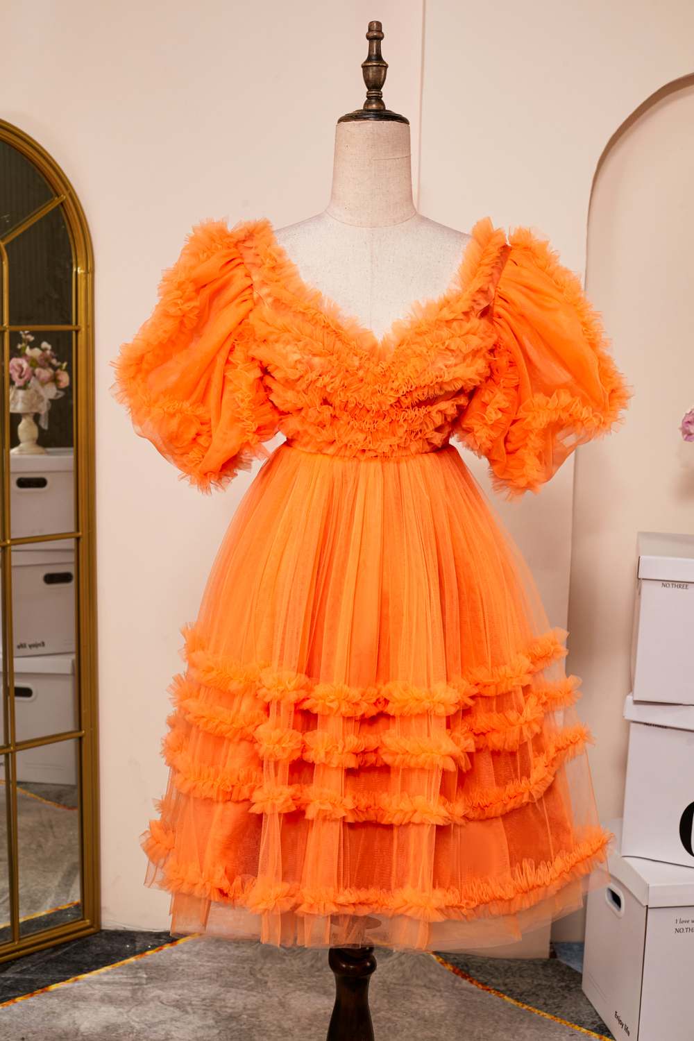 V-Neck Orange Puff Sleeves Ruffled A-line Homecoming Dress