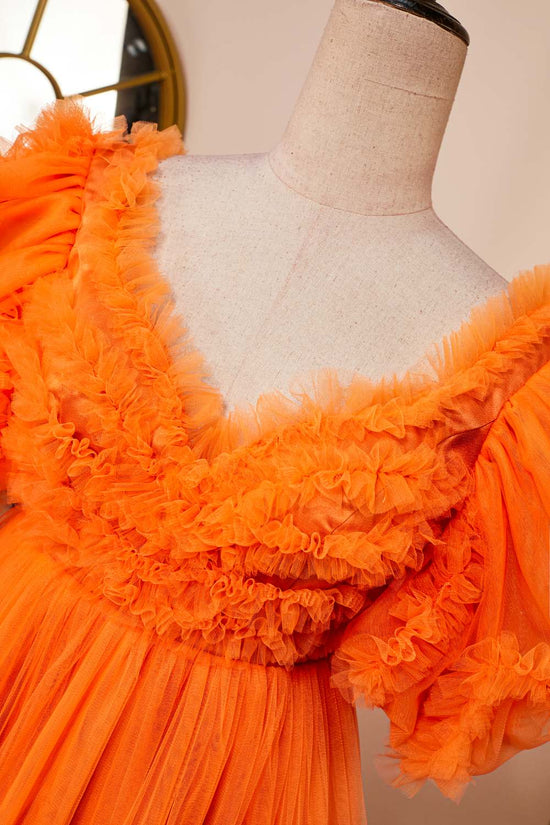 V-Neck Orange Puff Sleeves Ruffled A-line Homecoming Dress