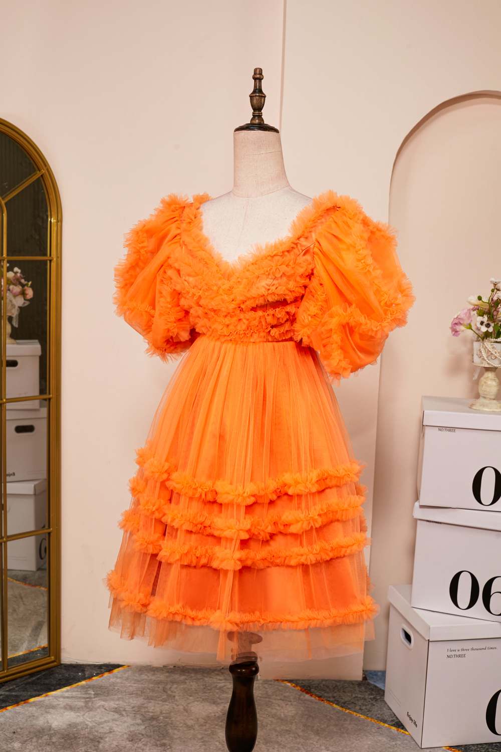 V-Neck Orange Puff Sleeves Ruffled A-line Homecoming Dress