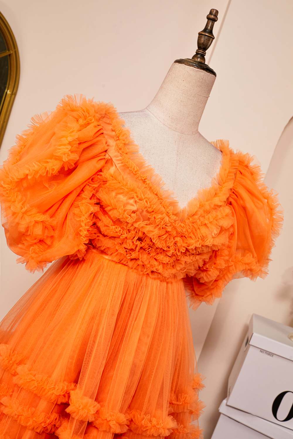 V-Neck Orange Puff Sleeves Ruffled A-line Homecoming Dress