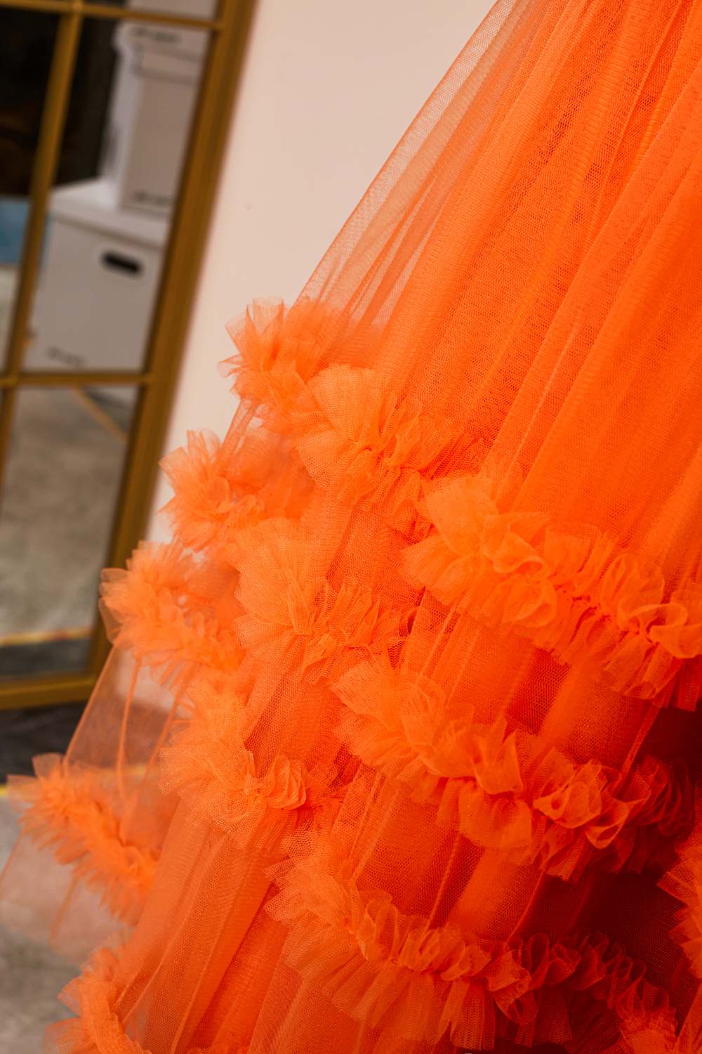 V-Neck Orange Puff Sleeves Ruffled A-line Homecoming Dress