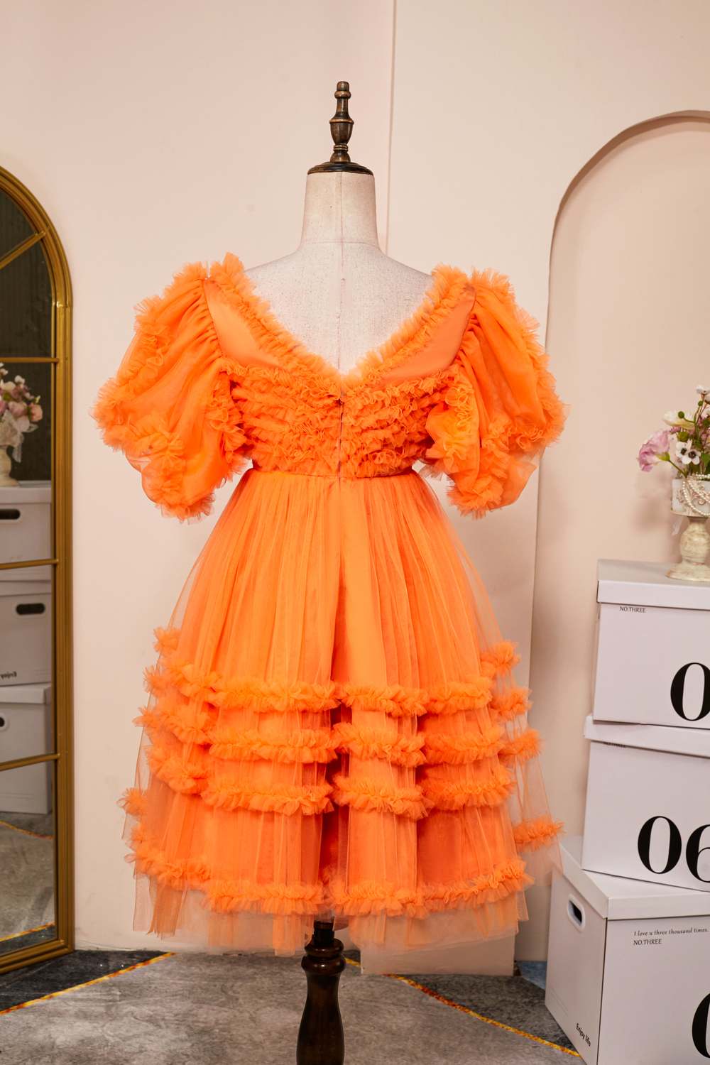 V-Neck Orange Puff Sleeves Ruffled A-line Homecoming Dress