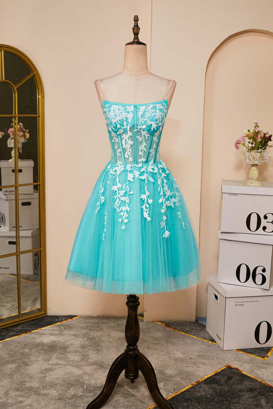 Strapless Aqua Blue Appliques A-Line Tulle Homecoming Dress