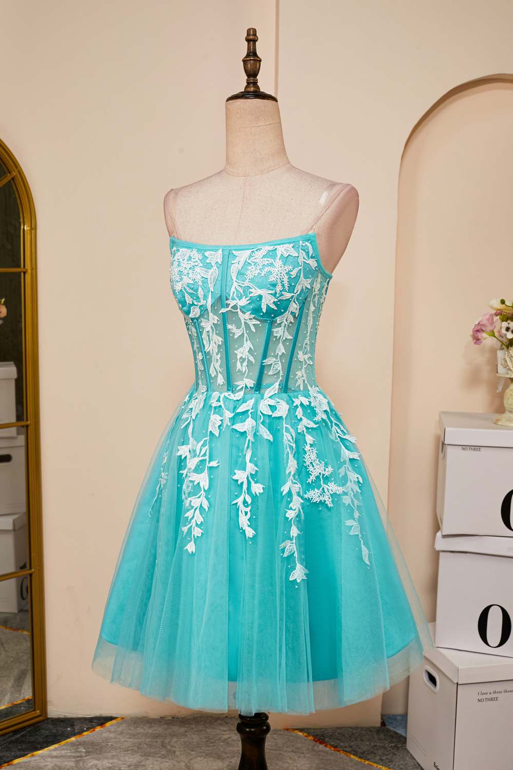 Strapless Aqua Blue Appliques A-Line Tulle Homecoming Dress