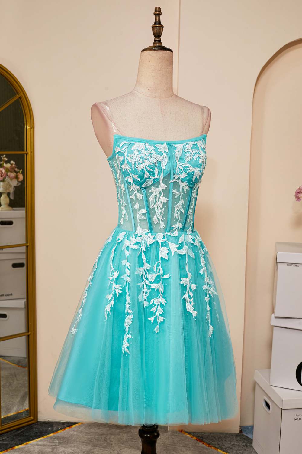 Strapless Aqua Blue Appliques A-Line Tulle Homecoming Dress