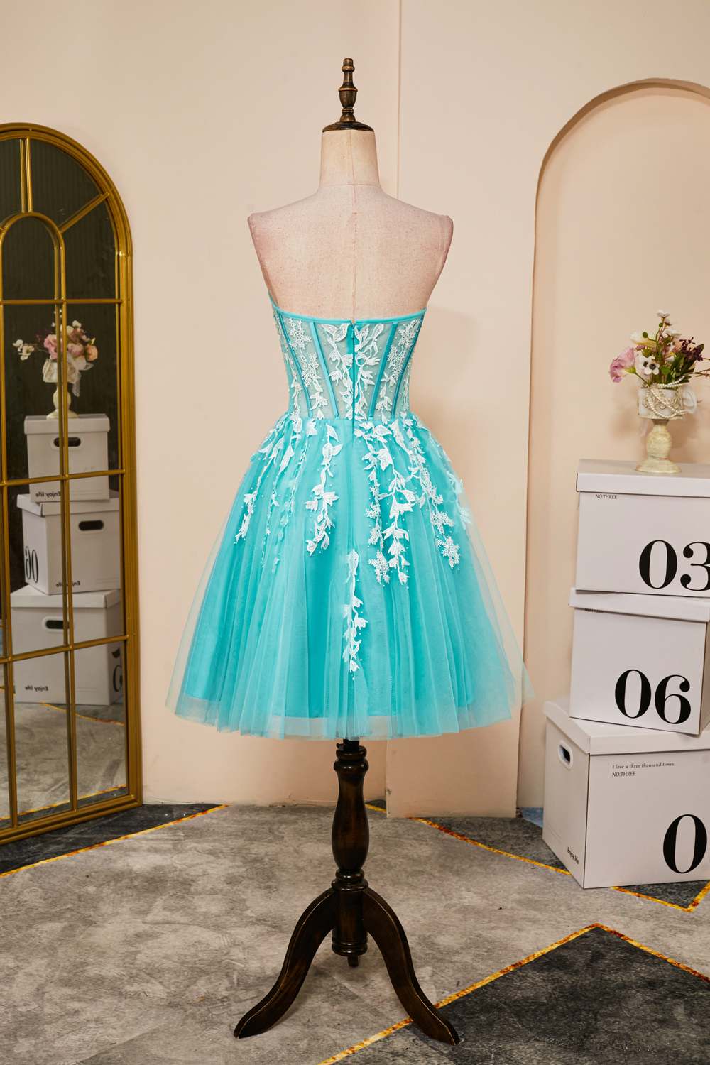 Strapless Sky Blue Appliques A-Line Tulle Homecoming Dress