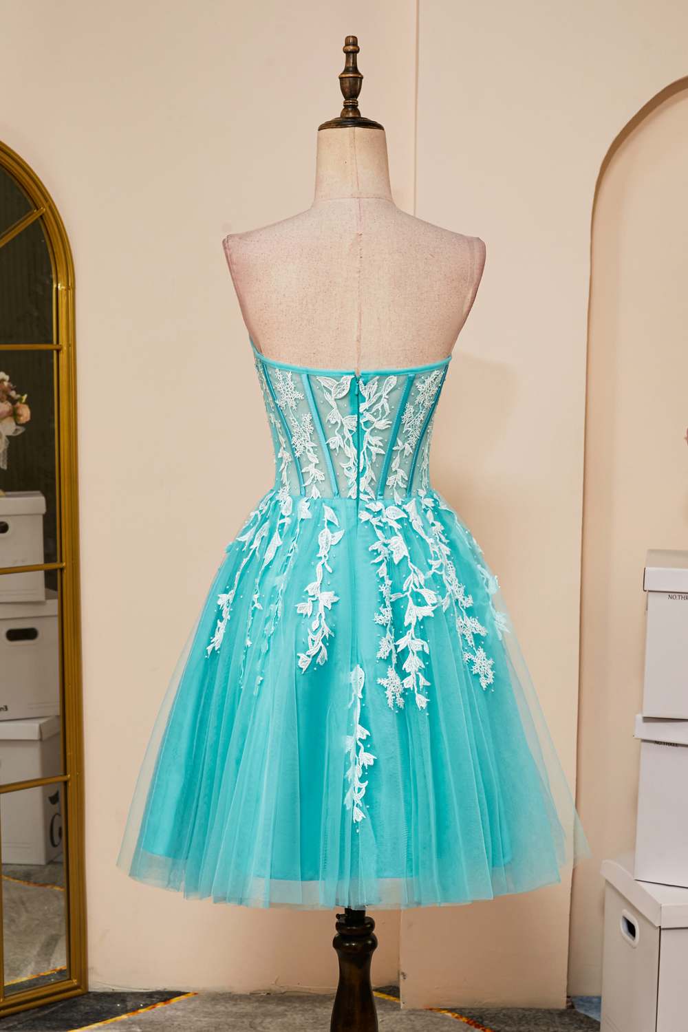 Strapless Aqua Blue Appliques A-Line Tulle Homecoming Dress